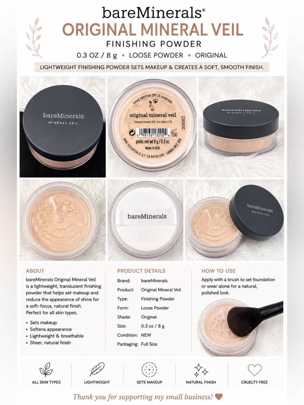 bareMinerals Original Mineral Veil Finishing Powder 0.3 oz 9g Loose Face Powder